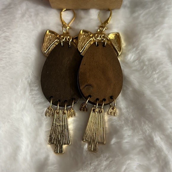 Owl wooden gold and teal handmade earrings, 18k gold plated leverback earrings - Picture 7 of 9